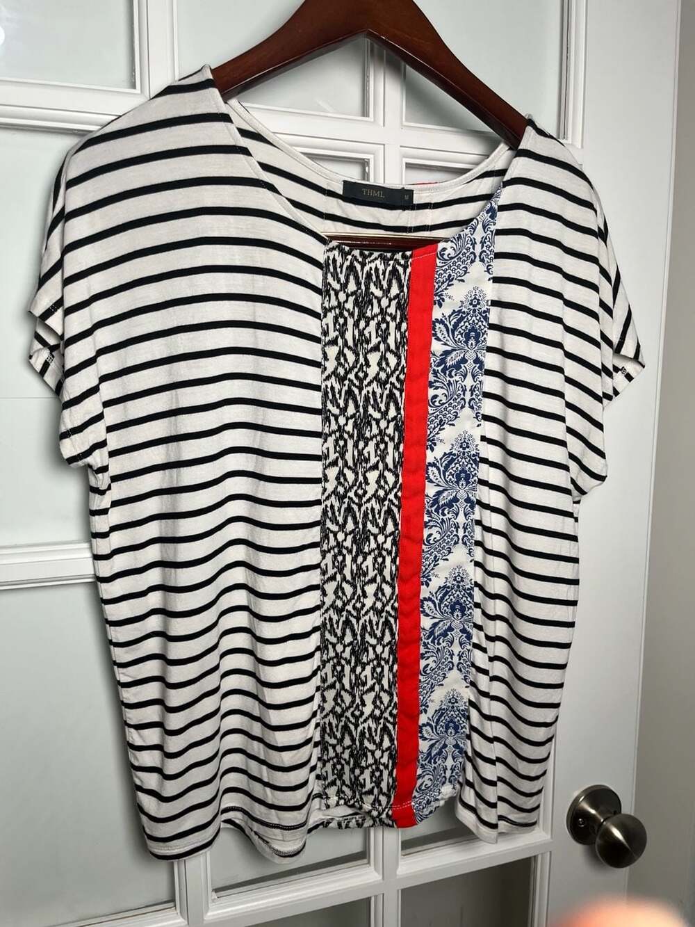 THML Women's Short Sleeve Striped Mixed-Print Top with Contrast Panels